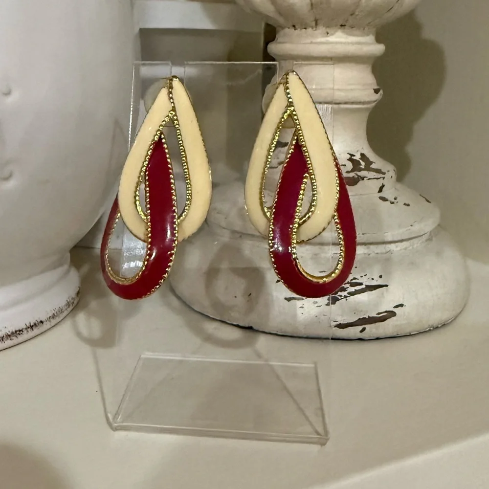 Vintage Red and Cream Teardrop Enamel Earrings